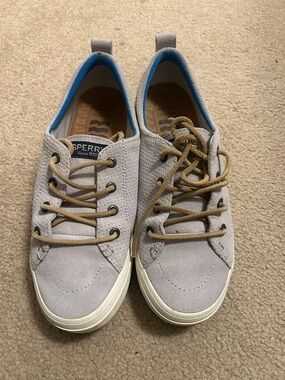 Sperry Light Gray Suede Sneakers with Tan Laces and Blue Lining